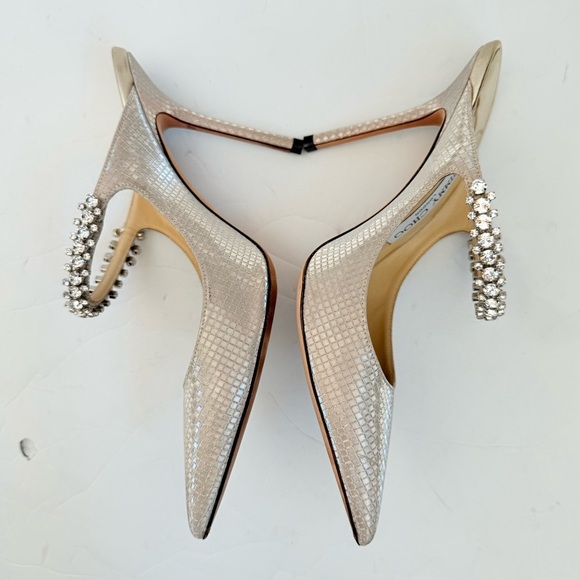 Jimmy Choo Gold Champagne Bing 100 Glitter Fabric Mules w/ Crystal Strap EU 37.5 - Picture 7 of 10